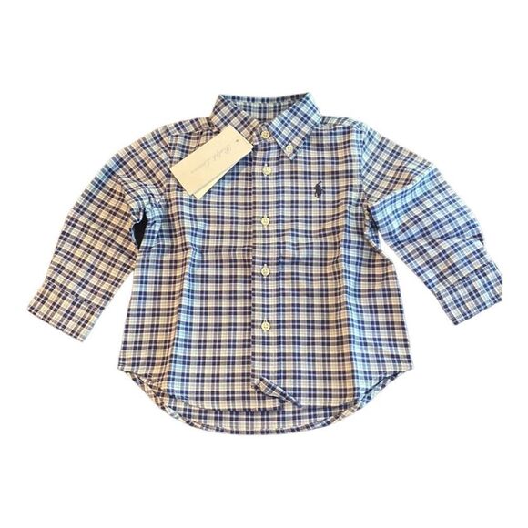 Ralph Lauren Kids Button Up Long Sleeve Shirt in Navy, Blue, White Checks - NEW - Picture 1 of 7